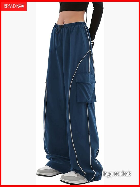 Pants - Baggy Cargo Pants Elastic Waist Y2K Parachute Track Pants Wide Leg with Pockets